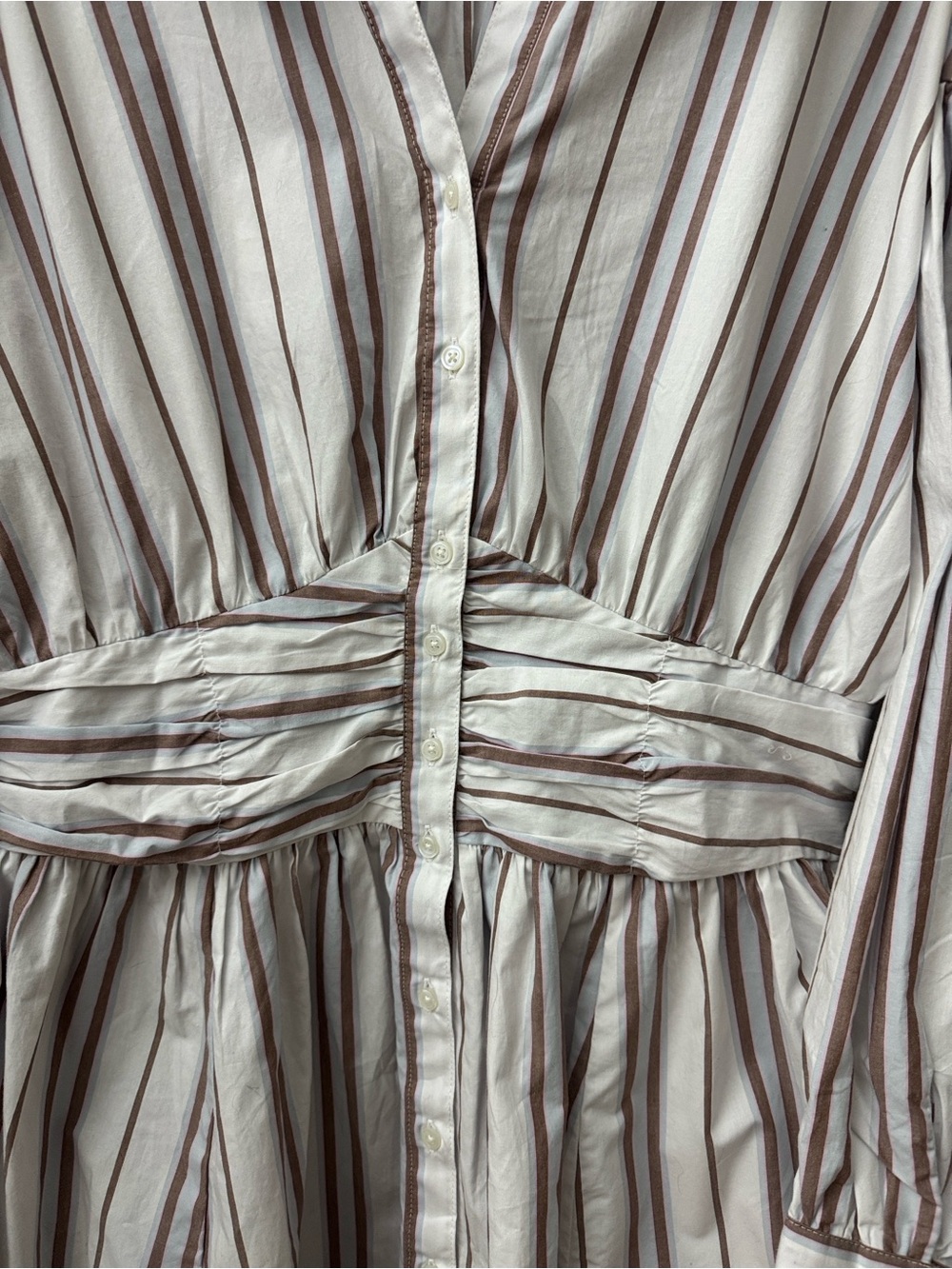 Anthropologie White and Brown Striped Button-Front Waist-Detail Dress Size Large - Picture 3 of 6